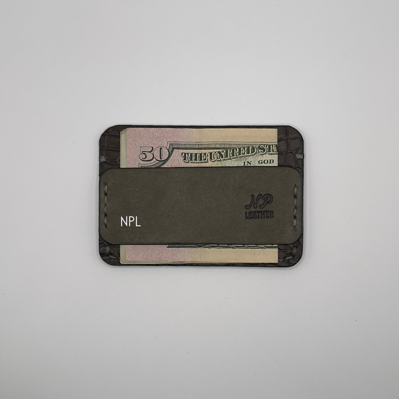 green alligator leather wallet with money pocket in the front