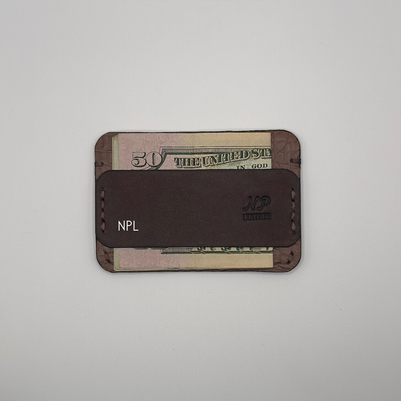 brown alligator leather wallet with money pocket in the front